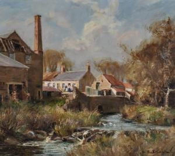 Industrial Buildings By A River Oil Painting by William Edwin Tindall