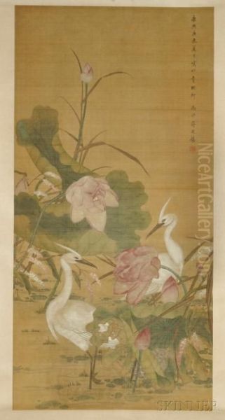 Two Cranes With Lotus Flowers And Leaves, Oil Painting by Jiang Tingxi