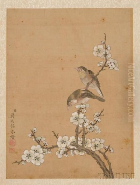 Two Birds On A Branch Oil Painting by Jiang Tingxi