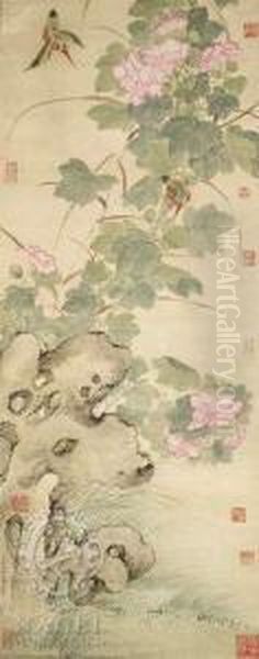 Peonies, Birds And A Garden Roc Oil Painting by Jiang Tingxi