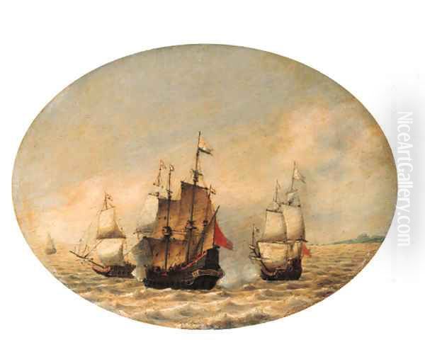 A Dutch merchantman under attack offshore Oil Painting by Hendrik van Anthonissen