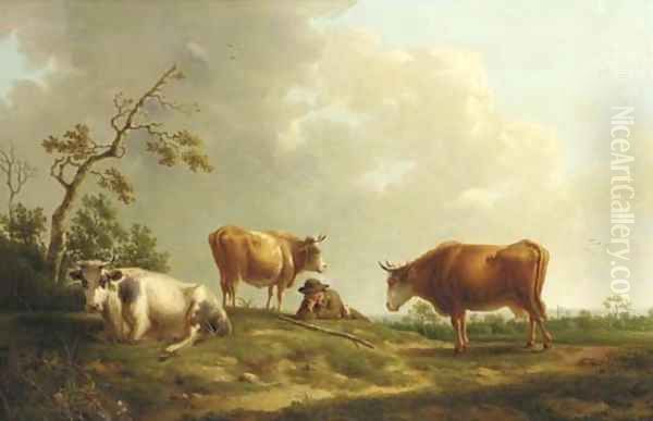 A pastoral landscape with cattle and a herdsman Oil Painting by Hendrik van Anthonissen