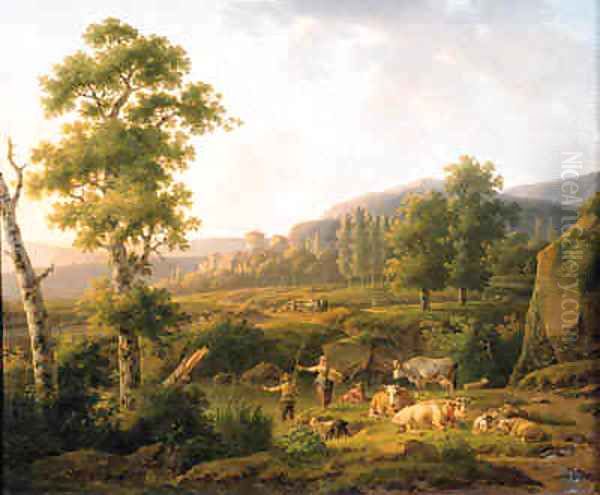 A shepherdess conversing with an angler on a river bank Oil Painting by Hendrik van Anthonissen