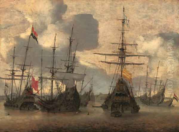 Dutch men-o-war anchored off the coast Oil Painting by Hendrik van Anthonissen