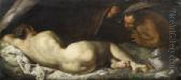 Reclining Nymph Surprised By A Satyr Oil Painting by Jacopo Robusti, II Tintoretto