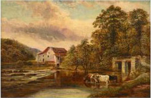 Cows Watering By Old Snuffy Jacks Water Mill On Theriver Frome Oil Painting by William Vivian Tippet