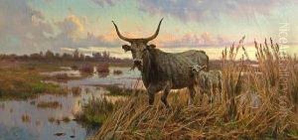 A Water Buffalo And Her Calf In A Marshylandscape Oil Painting by Aurelio Tiratelli