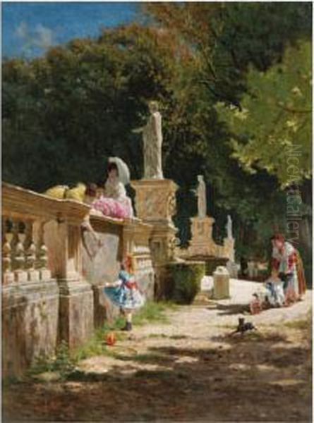 In The Gardens Of The Villa Borghese Oil Painting by Aurelio Tiratelli