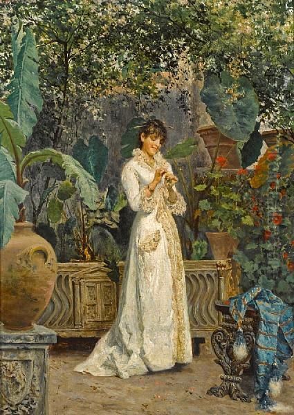 A Lady In Her Garden Oil Painting by Cesare Tiratelli