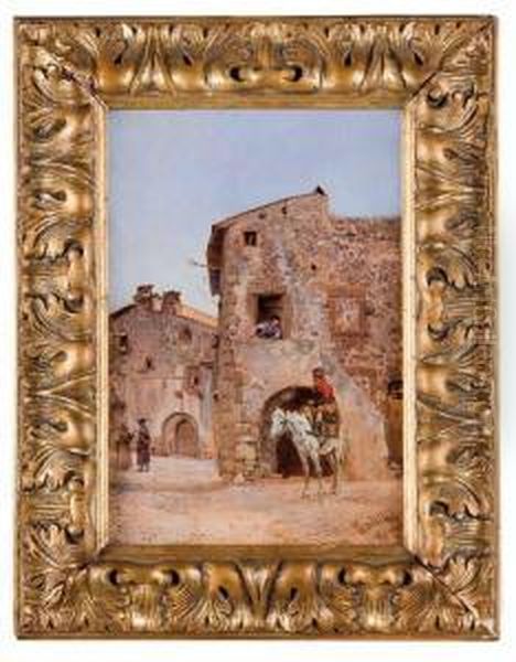 Scorcio Di Paese Con Contadini Oil Painting by Cesare Tiratelli