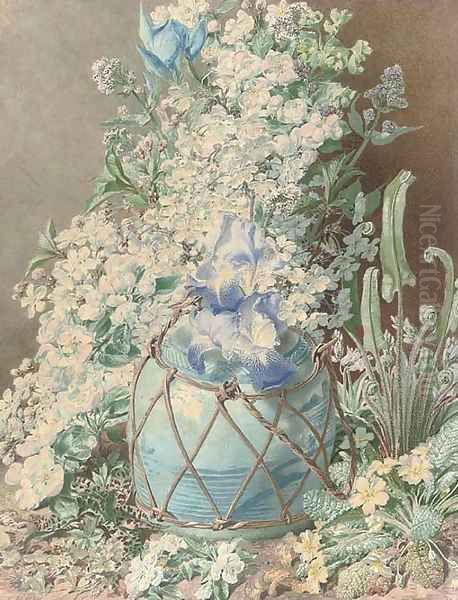 Gladioli, irises, sweet peas, apple blossom, primulas and other spring flowers in an oriental vase Oil Painting by Henry Anelay