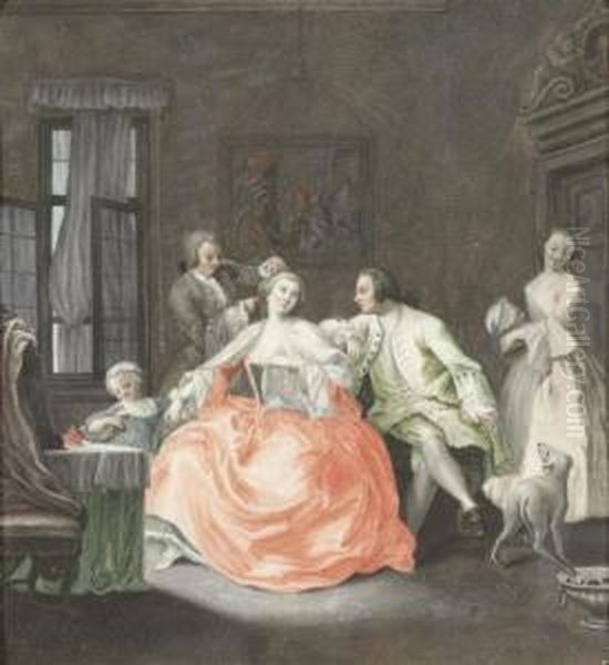 People Playing Music/people Dressing Their Hair. Oil Painting by Johann Anton Tischbein