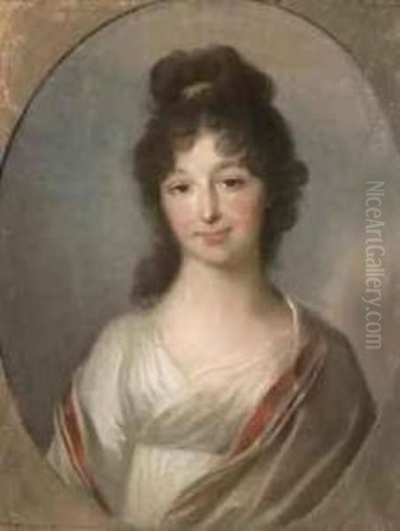 Portrait Of A Lady, Half-length, In A White Dress With A Red Wrap,in A Painted Oval Oil Painting by Johann Friedrich A. Tischbein