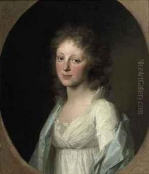 Portrait Of The Princess Of Dessau, Half-length, In A White Dressand A Blue Wrap, In A Painted Oval Oil Painting by Johann Friedrich A. Tischbein