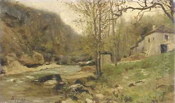 Ferme au bord d'un torrent dans le Jura By a river in a hilly landscape Oil Painting by Adolphe Appian