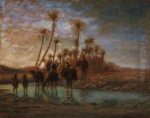 Chameaux Sedesalterant Dans L'oued Oil Painting by Ange Tissier