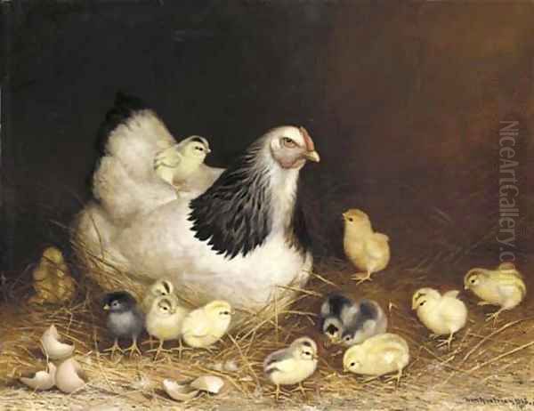 Hen and Chicks in the Hay Oil Painting by Ben Austrian