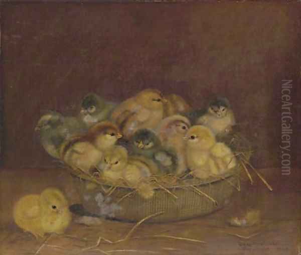 Chicks in a Basket Oil Painting by Ben Austrian