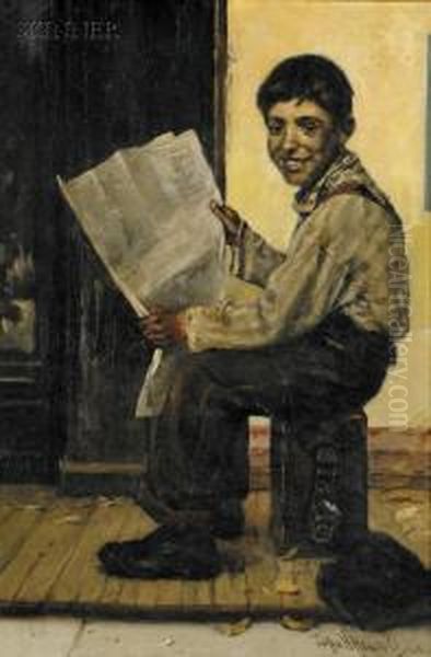 Shoeshine Boy Reading The Paper Oil Painting by John Henry Titcomb