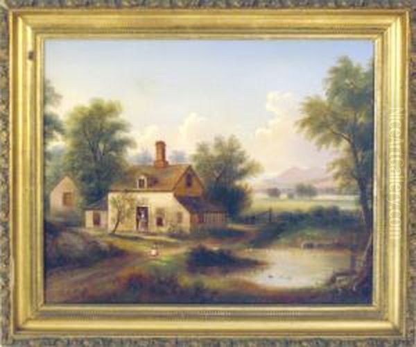 New England Homestead Scene Oil Painting by William H. Titcomb