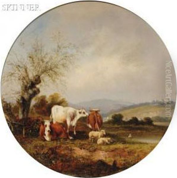 Landscape With Cattle And Sheep Oil Painting by William H. Titcomb