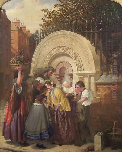 The First Public Drinking Fountain 1850 Oil Painting by W. A. Atkinson