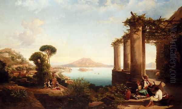 The Castle Of Ischia, In The Bay Of Naples, Mount Vesuvius Beyond Oil Painting by Thomas Brabazon Aylmer