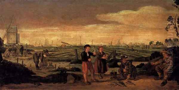 Fishermen and Farmers in a Landscape Oil Painting by Arent Arentsz