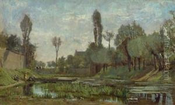 Flusslandschaft Mit Wascherin. Oil Painting by Louis Leonard Tixier