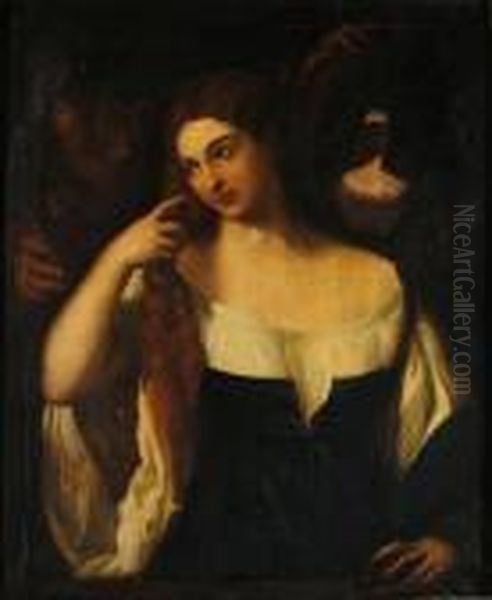 Woman With A Mirror Oil Painting by Tiziano Vecellio (Titian)