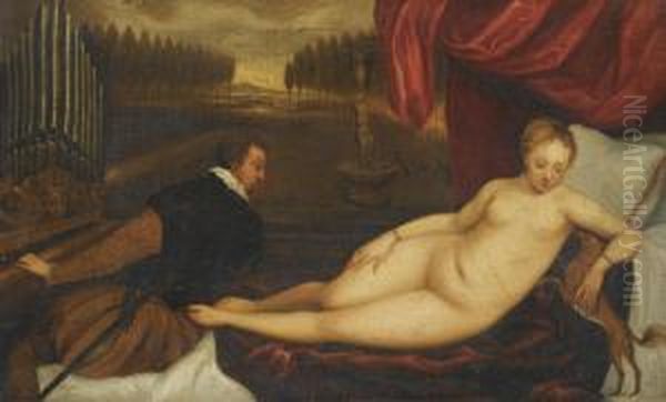 Venus Lying On A Bed With An Organist To Her Left, A Landscape Beyond Oil Painting by Tiziano Vecellio (Titian)