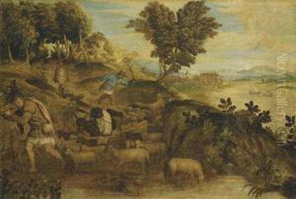 A Pastoral Landscape With Three Shepherds Attending Their Flock Of Sheep And A Donkey, A River With Boats Sailing, A Town And Mountains Beyond Oil Painting by Tiziano Vecellio (Titian)