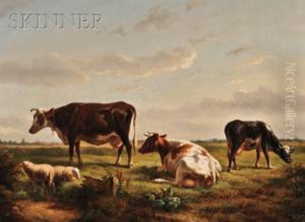 View Of Cows And Sheep At Pasture Oil Painting by Jacobus Nicolaas Tjarda Van Stachouwer