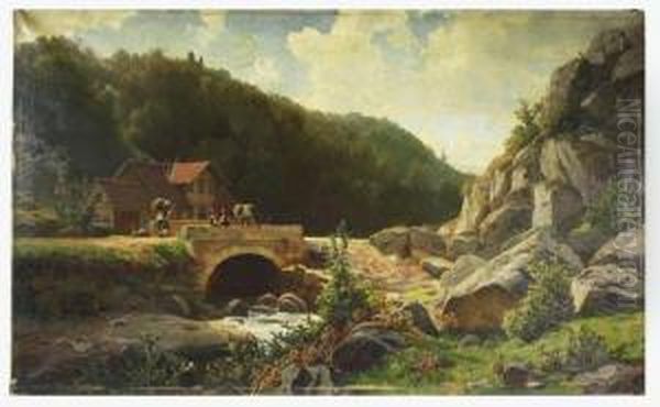 Mountain Landscape With House And People On Stone Bridge Oil Painting by Jacobus Nicolaas Tjarda Van Stachouwer