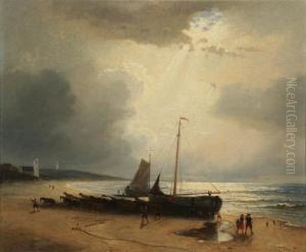 Fishing Boats Along The Shore Oil Painting by Jacobus Nicolaas Tjarda Van Stachouwer