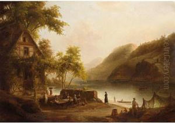 Travellers Drinking And Eating Near A Lake Oil Painting by Jacobus Nicolaas Tjarda Van Stachouwer