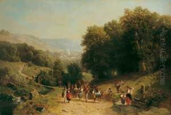 Mittelgebirgslandschaft Mit Bauerlichem Festzug. Oil Painting by Jacobus Nicolaas Tjarda Van Stachouwer