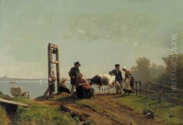 Peasents Waiting For A Ferry, Lower Rhine Oil Painting by Jacobus Nicolaas Tjarda Van Stachouwer