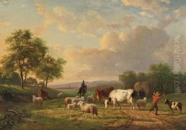 Herding The Cattle At Dusk Oil Painting by Jacobus Nicolaas Tjarda Van Stachouwer