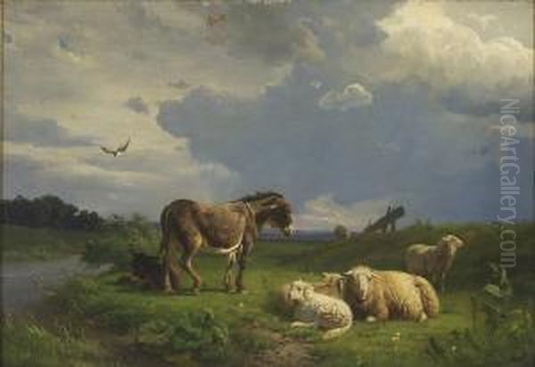 Pastoral Scene With Donkeys And Sheep Oil Painting by Jacobus Nicolaas Tjarda Van Stachouwer