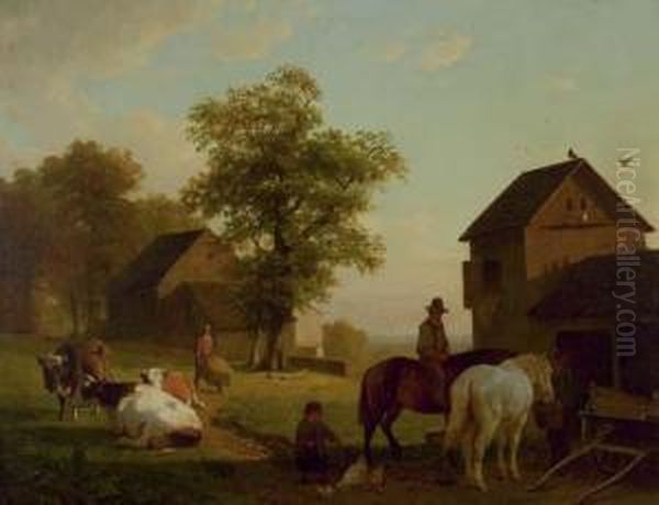 Farmworkers With Cows Near A Barn Oil Painting by Jacobus Nicolaas Tjarda Van Stachouwer