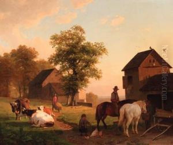 Farmyard With Peasants And Cattle Oil Painting by Jacobus Nicolaas Tjarda Van Stachouwer