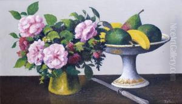 Vase De Roses Et Coupe De Fruits Oil Painting by Felix Elie Tobeen