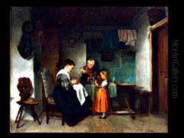 Mutter Mit Zwei Kindern In Der Stube Oil Painting by Victor Tobler