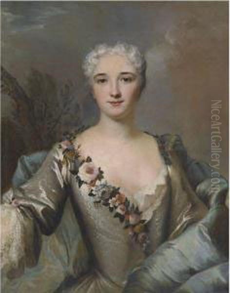 Portrait Of A Lady, Half Length In A Landscape, Wearing A Silverdress With A Floral Wreath Oil Painting by Louis Tocque