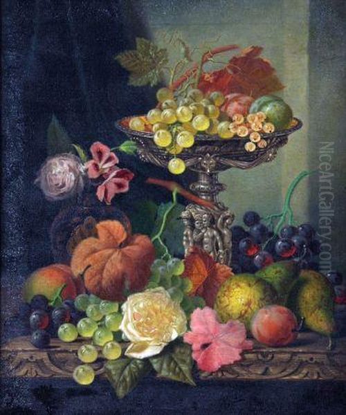 Still Life Study Of Mixed Fruit On A Wooden Ledge Oil Painting by Henry George Todd