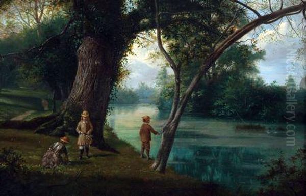 Children Fishing And Picking Flowers On A River Bank Oil Painting by Henry George Todd