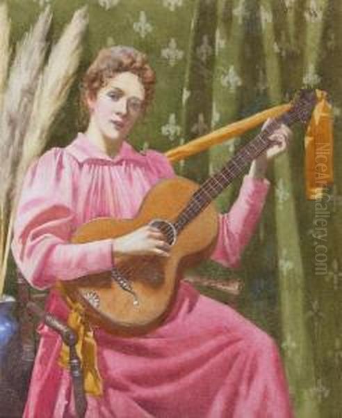 Young Woman Playing A Guitar Oil Painting by Ralph Todd