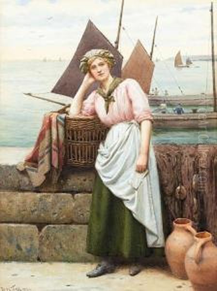 Fisher Girl At Newlyn Harbour Oil Painting by Ralph Todd