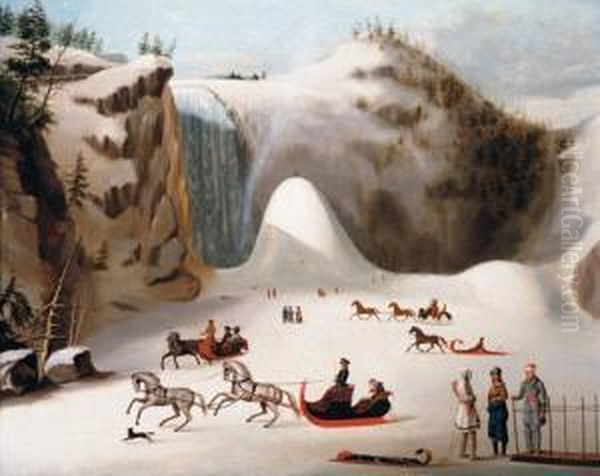 Sledges And Figures Skating On The Frozen Lake In Front Of Montmorency Falls Oil Painting by Robert Clow Todd